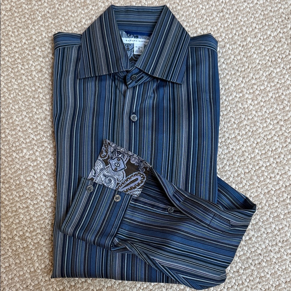 Banana Republic Men's Striped Dress Shirt in Navy and Shades of Blue